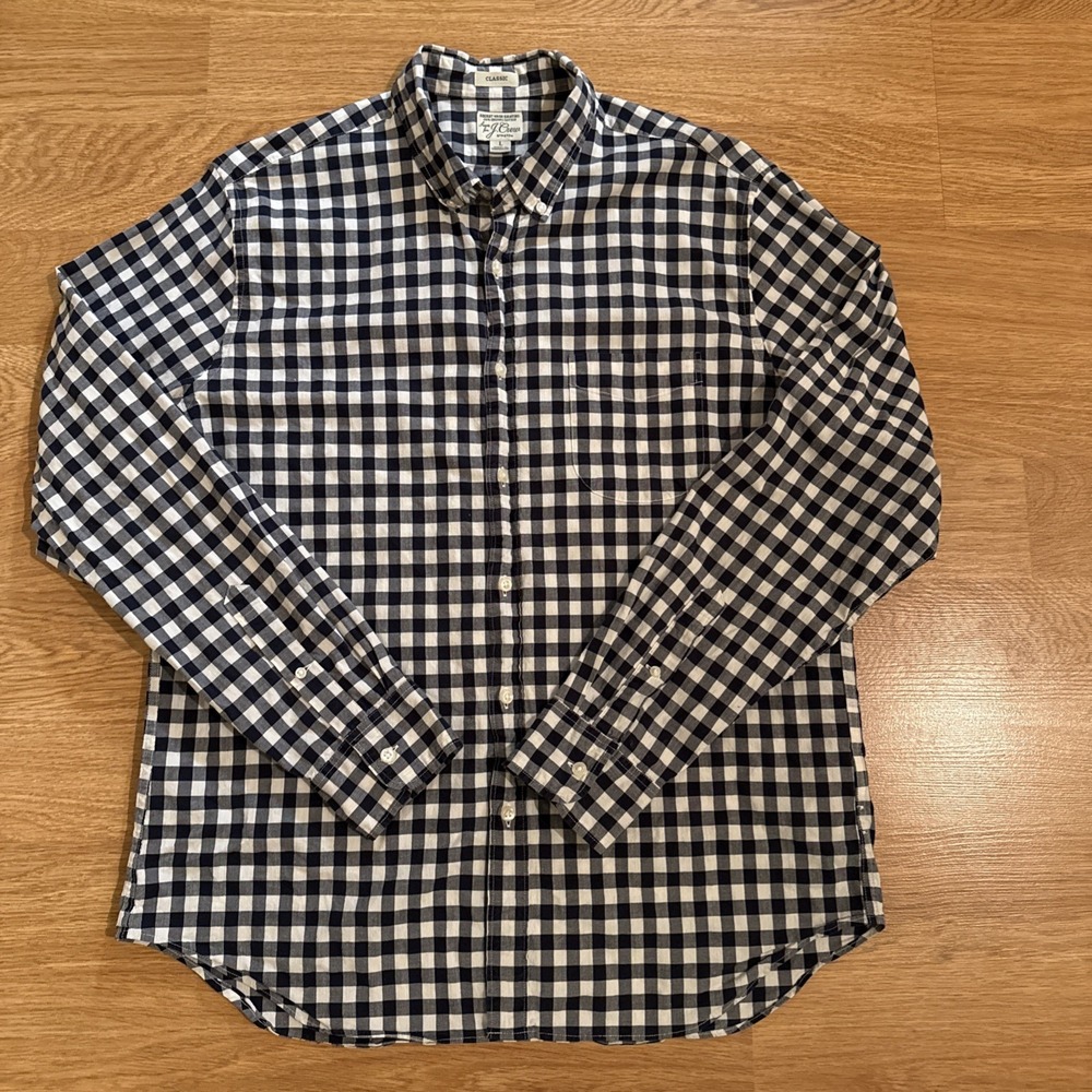 J. Crew Secret Wash Shirt Men's Large Blue/White Gingham‎ Organic Cotton Stretch